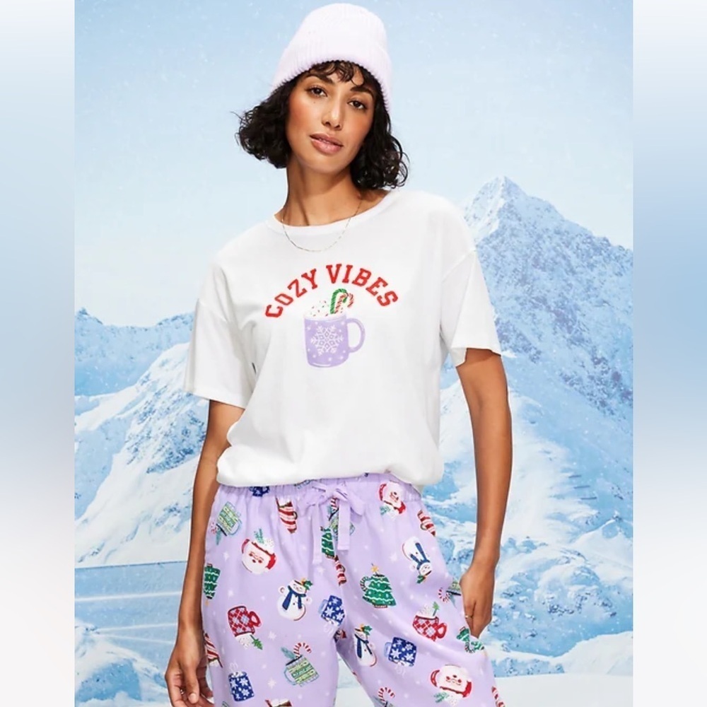 Cozy Vibes White T-Shirt and Purple Pajama Set